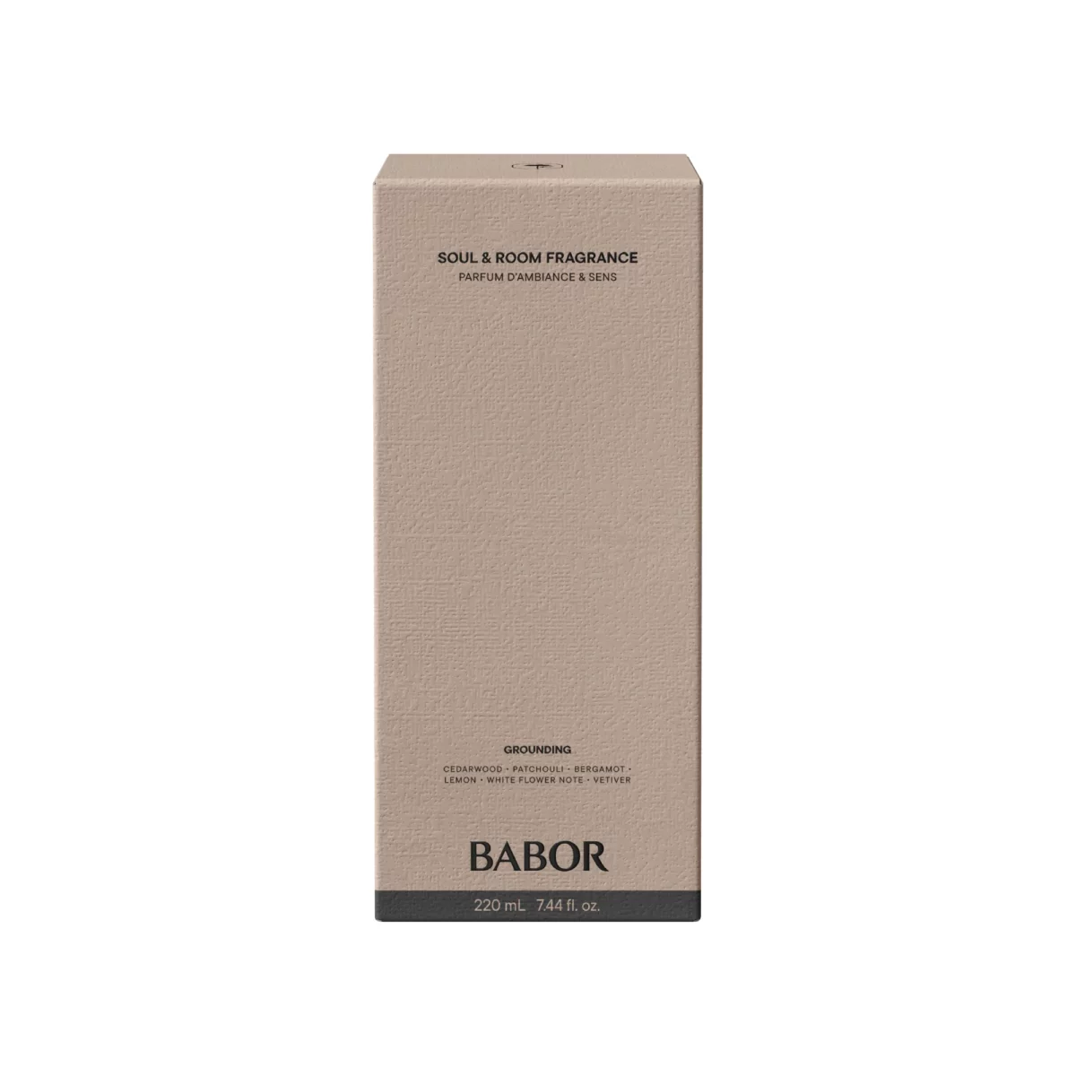 Beigefarbene Faltschachtel des BABOR Raumdufts Soul & Room Fragrance Grounding mit Duftnoten und 220 ml