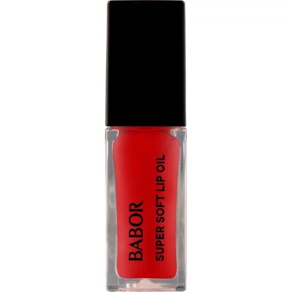 BABOR Super Soft Lip Oil in 02 Juicy Red, Glasflakon mit rotem Öl und schwarzer Kappe, Vorderseite