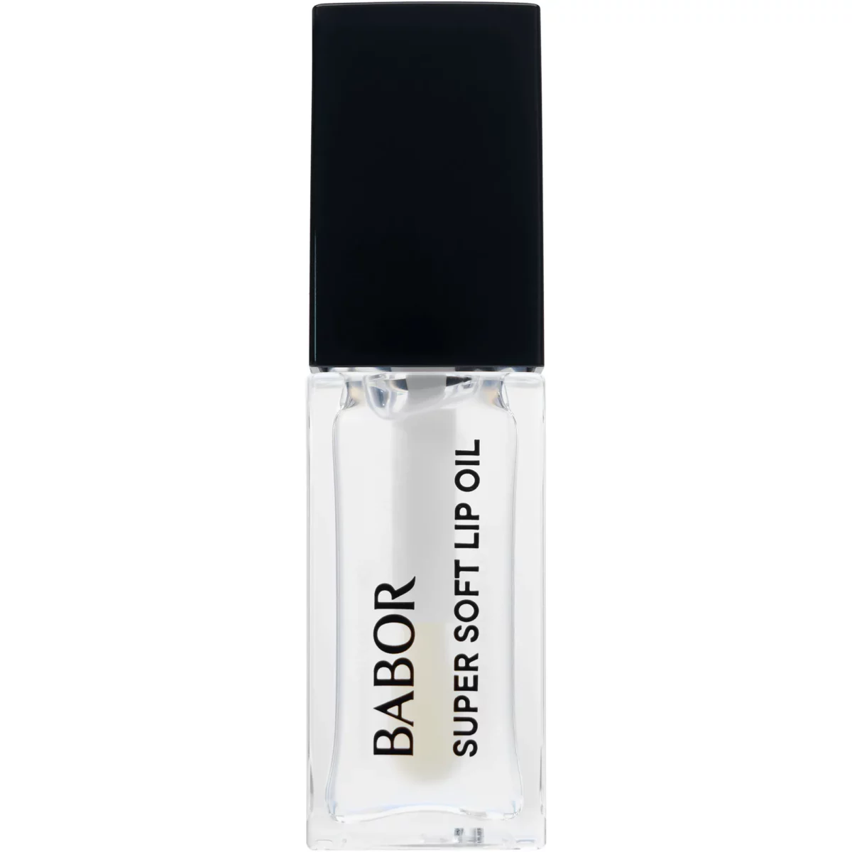 BABOR Super Soft Lip Oil in 06 Transparent, Glasflakon mit farblosem Öl und schwarzer Kappe, Vorderseite