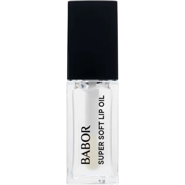 BABOR Super Soft Lip Oil in 06 Transparent, Glasflakon mit farblosem Öl und schwarzer Kappe, Vorderseite