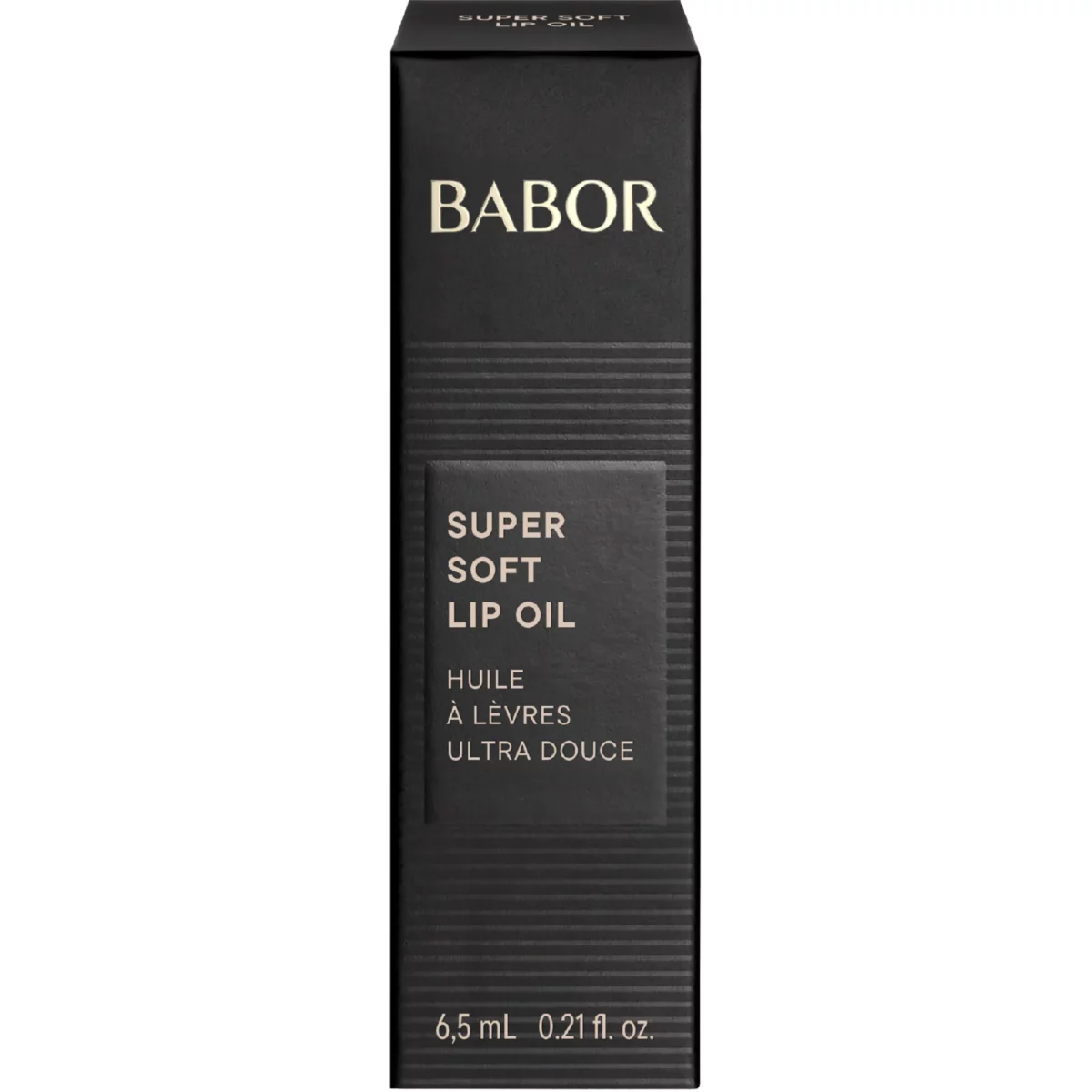 Schwarze Faltschachtel des BABOR Super Soft Lip Oil mit beigem Logo und der Inhaltsangabe 6.5 ml