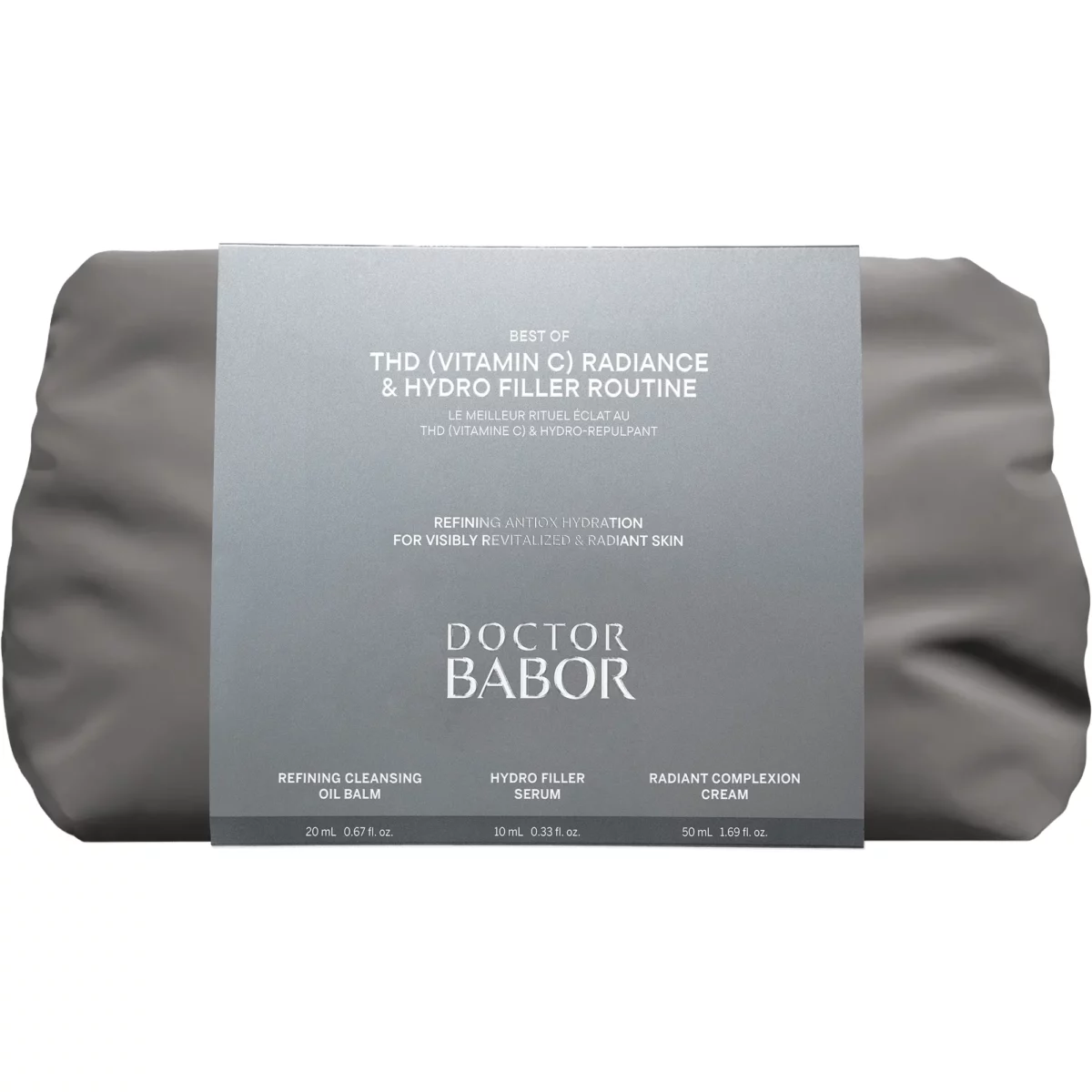 BABOR THD Vitamin C Radiance & Hydro Filler Routine in grauer Kosmetiktasche mit Banderole, Vorderseite