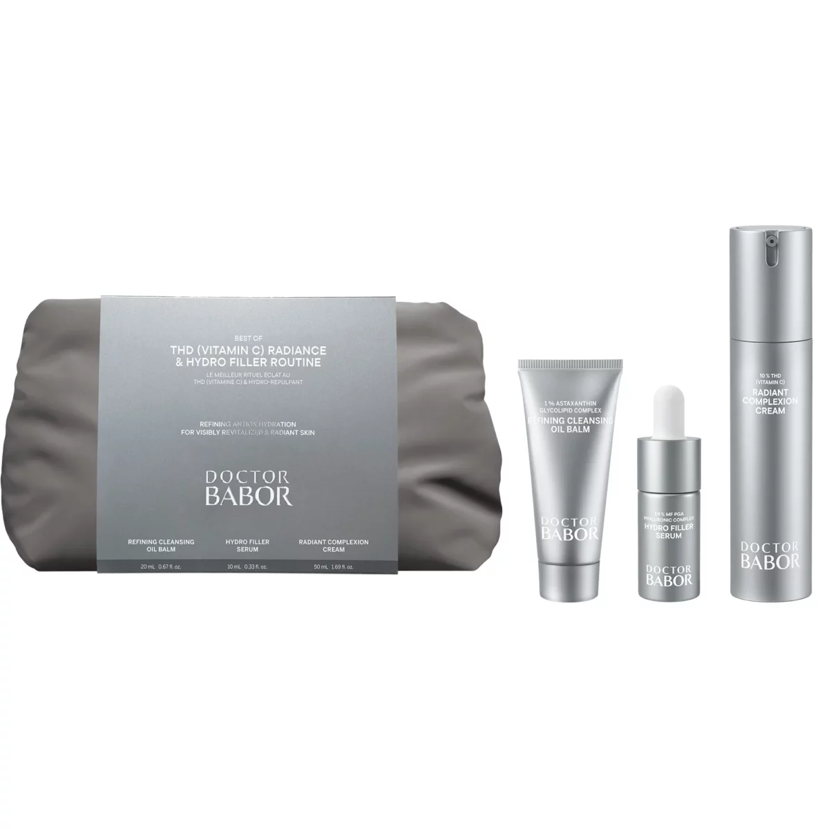 Set-Inhalt der BABOR THD Vitamin C Routine: Kosmetiktasche, Cleansing Oil Balm, Hydro Filler Serum und Creme