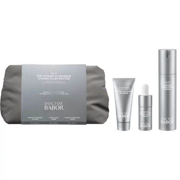 Set-Inhalt der BABOR THD Vitamin C Routine: Kosmetiktasche, Cleansing Oil Balm, Hydro Filler Serum und Creme