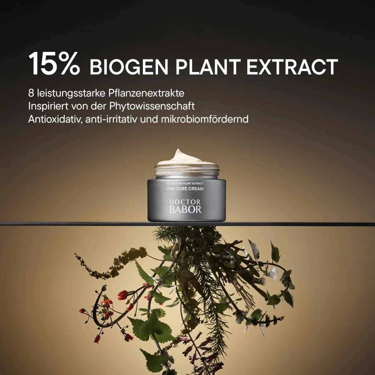 Infografik BABOR The Cure Cream: Tiegel über Pflanzen, 15 % Biogen Plant Extract aus 8 Pflanzenextrakten