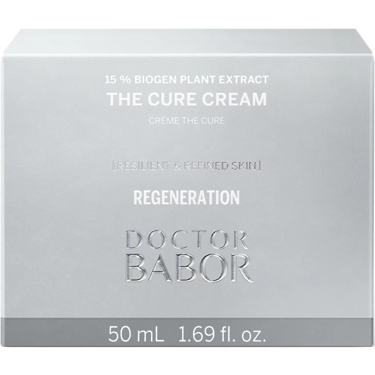 Silberne Faltschachtel der BABOR The Cure Cream mit Aufschrift 15 % Biogen Plant Extract und Regeneration