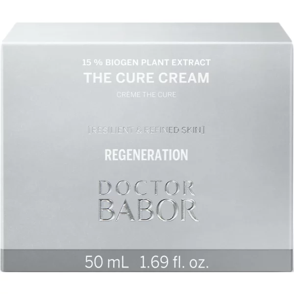 Silberne Faltschachtel der BABOR The Cure Cream mit Aufschrift 15 % Biogen Plant Extract und Regeneration