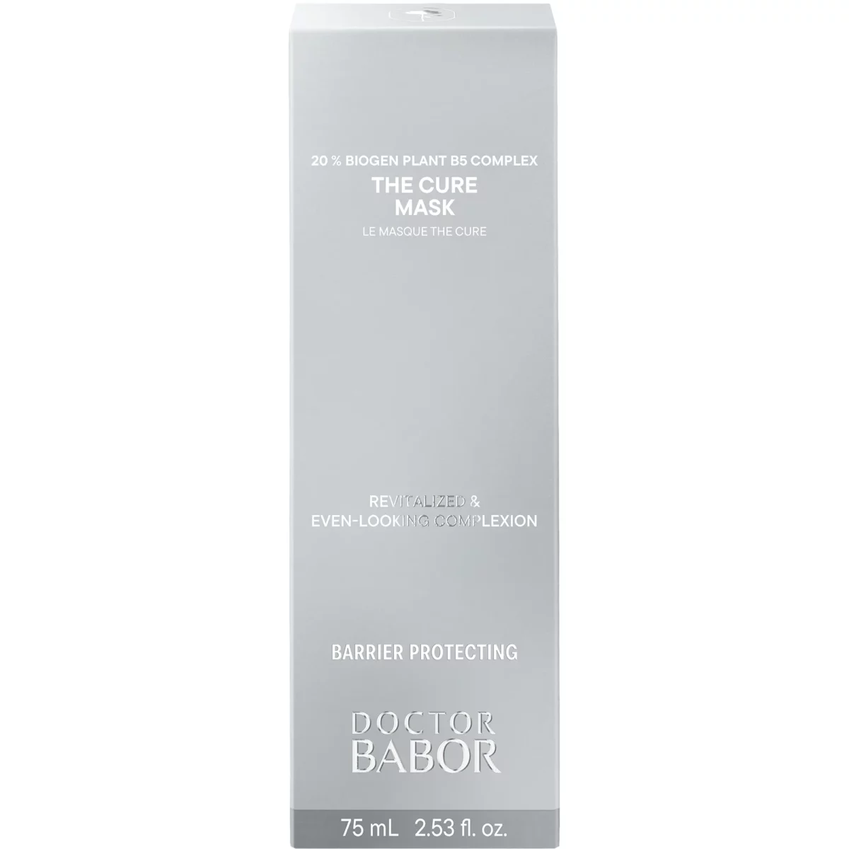 Faltschachtel der BABOR The Cure Mask in Silbergrau mit der Aufschrift 20 % Biogen Plant B5 Complex