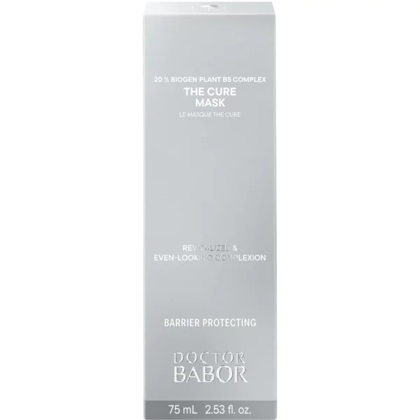 Faltschachtel der BABOR The Cure Mask in Silbergrau mit der Aufschrift 20 % Biogen Plant B5 Complex