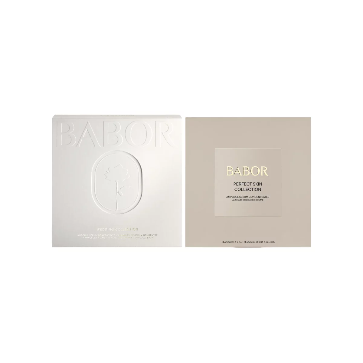 BABOR Wedding Collection mit weisser Grusskarte und beigem Innenkarton der Perfect Skin Collection