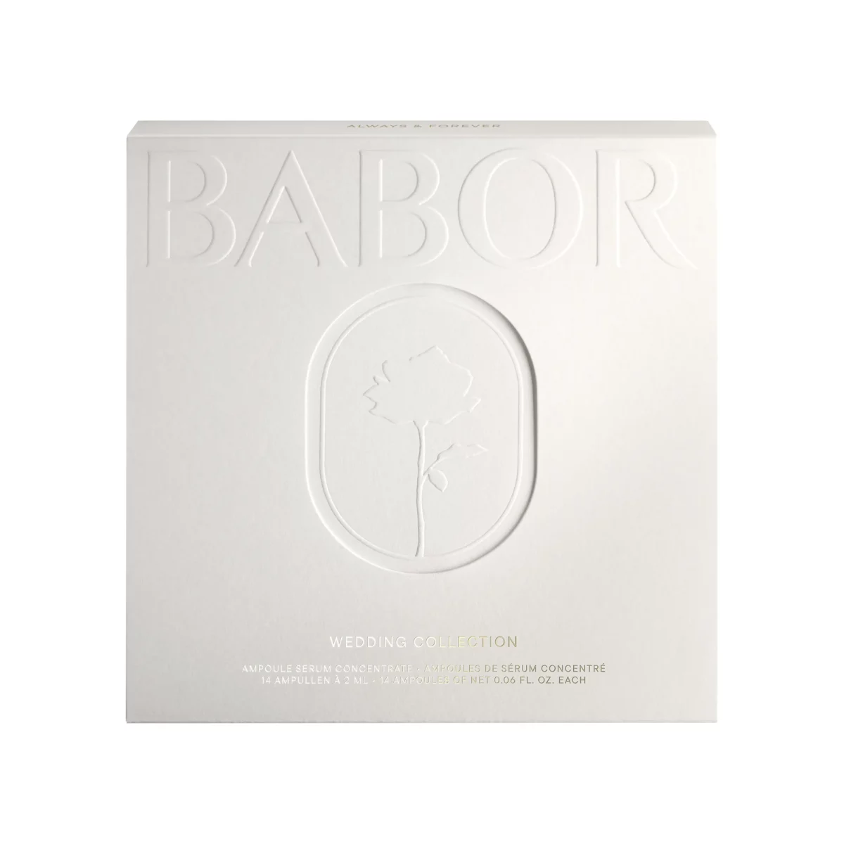 Weisse Geschenkbox der BABOR Wedding Collection mit geprägtem BABOR Schriftzug und ovalem Blumenmotiv