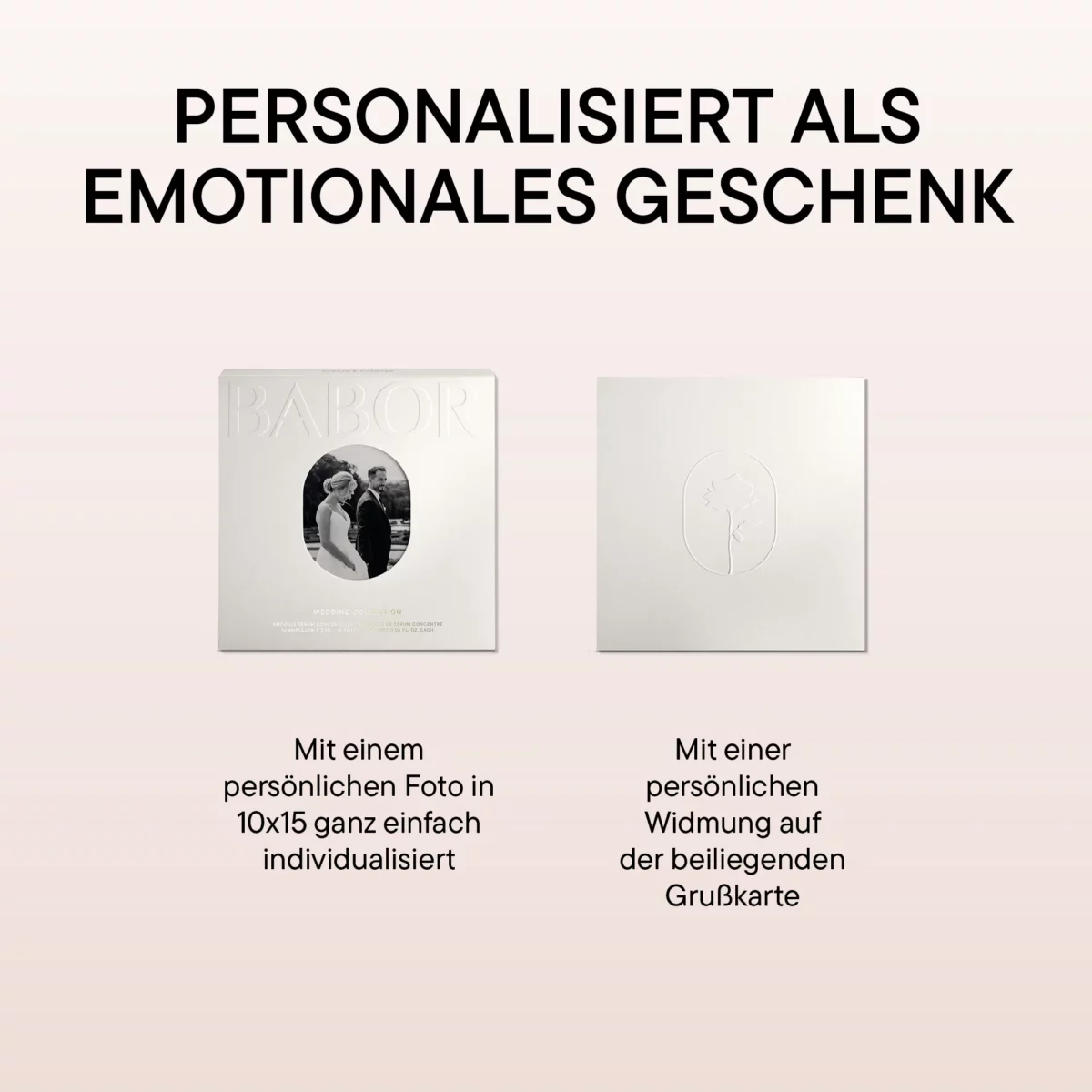 Infografik BABOR Wedding Collection: Foto im Format 10x15 einschieben und persönliche Widmung auf die Karte schreiben