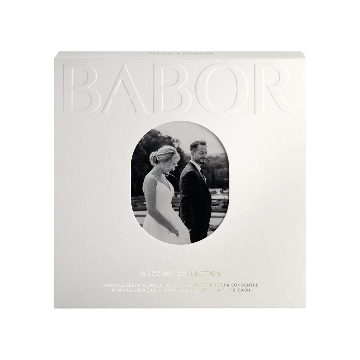 BABOR Wedding Collection mit eingeschobenem Hochzeitsfoto im ovalen Fenster des weissen Schubers