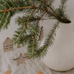 "Eulenschnitt" natural fir tree wooden pendant on a fir branch, alongside a star and house wooden pendant from the same series