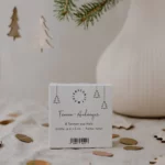 Packaging for the Eulenschnitt wooden fir tree pendants (set of 8) in natural finish, set against a vase with wooden fir trees hanging above it