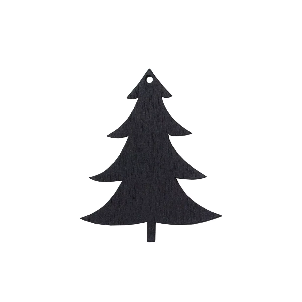Eulenschnitt Wooden Fir Tree Ornament in Black, a single lacquered wooden fir tree with a hole for hanging on a white background