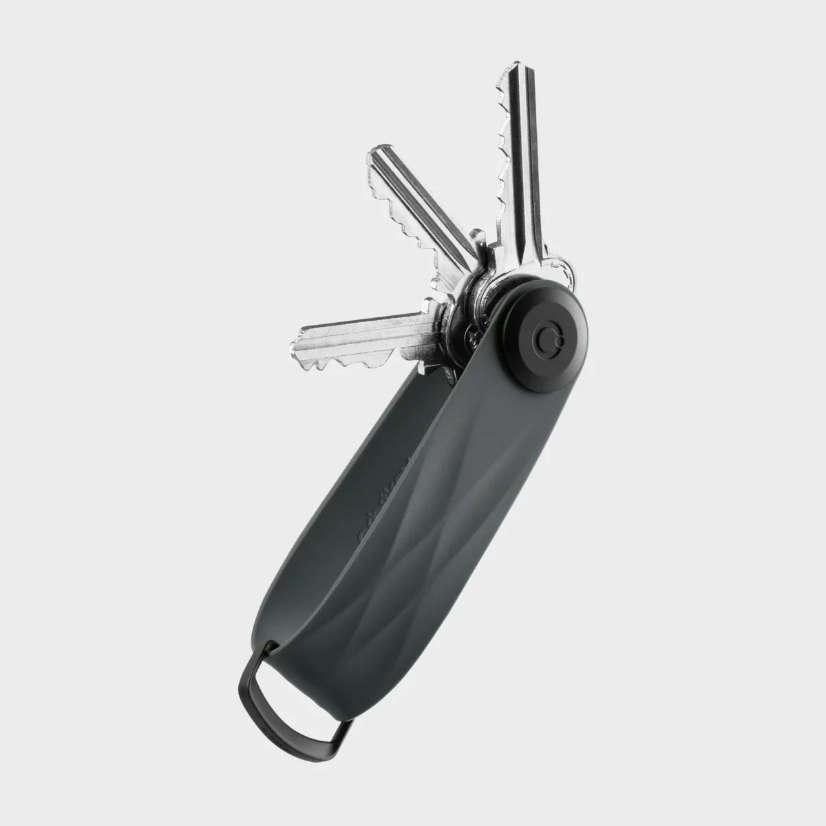 Porte-clés Orbitkey « Aktiv » en graphite, ouvert, avec trois clés disposées en éventail et un anneau en D
