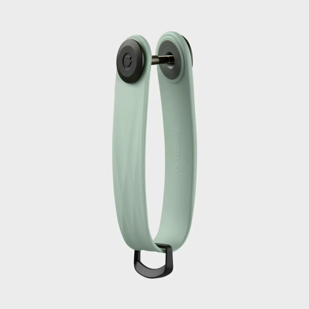 Vue latérale du porte-clés Orbitkey « Aktiv » en couleur « Mist », vide, avec vis de fixation et anneau en D