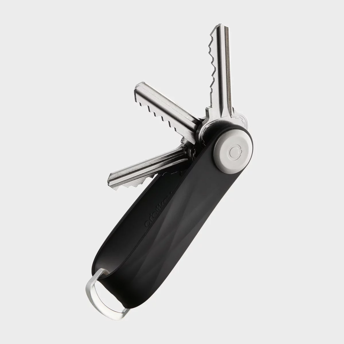 Porte-clés Orbitkey « Aktiv » en noir, ouvert, avec trois clés disposées en éventail et un anneau en D