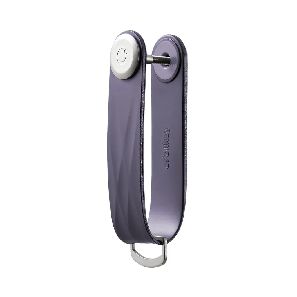 Vue latérale du porte-clés Orbitkey « Aktiv » en violet, vierge, avec vis de fixation et anneau en D