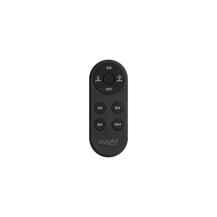 Uyuni Oval Remote Control in Black, with buttons on the front for On, Off, Dimmer, and Timer settings of 4, 6, 8, and 10 hours